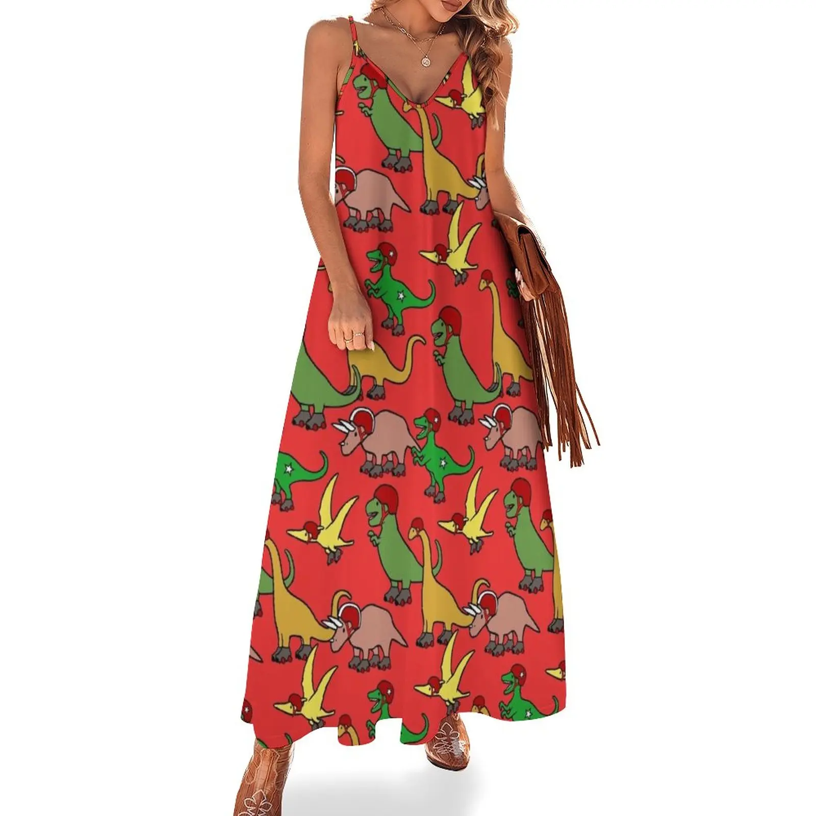 

New Roller Derby Dinosaurs RED Pattern Sleeveless Dress dress women summer 2023