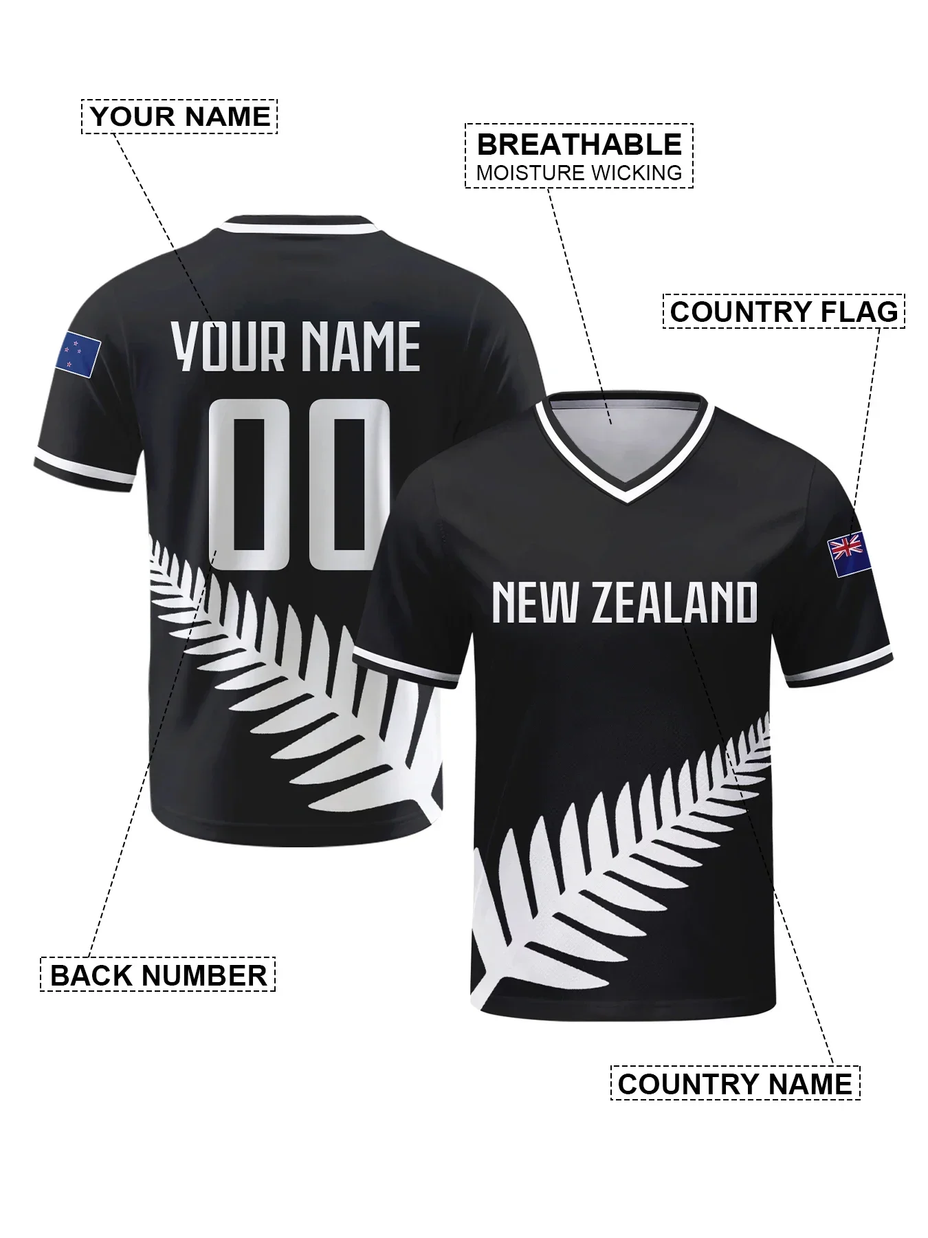New Zealand Football Jersey Customizable with Name and Number, V-Neck, National Team Football Shirt for Men, Youth, and Women view 5