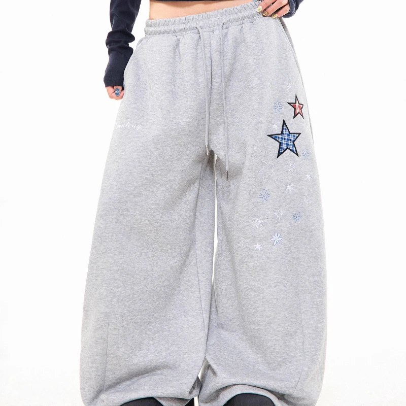 الأمريكية الرجعية تصميم منقوشة ستار التطريز الرباط المرأة عارضة السراويل الخريف جديد فضفاض تنوعا واسعة الساق السراويل للنساء #4