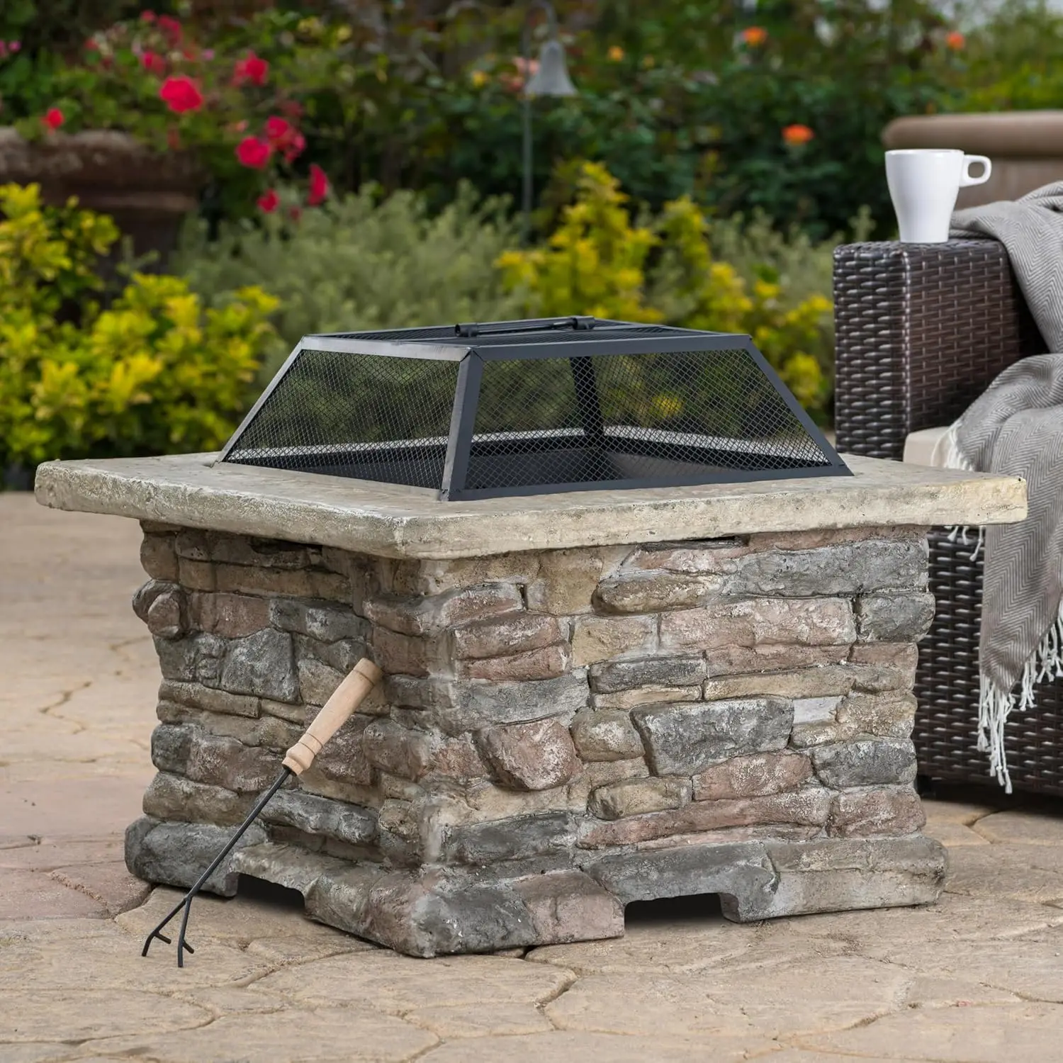 Outdoor Fire Pit Table, 28.5 Inch Wood Burning Fire Pit for Patio with Spark Screen, Fire Poker, MGO Square, Customized