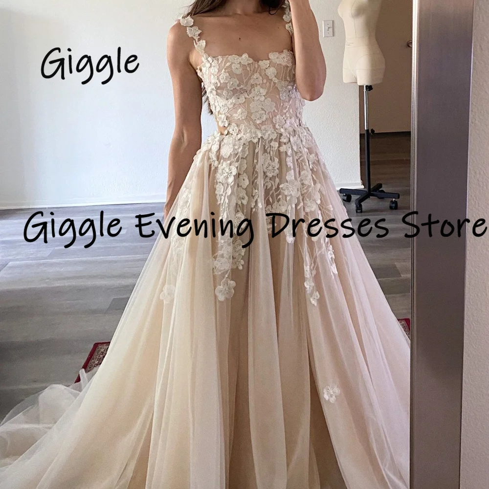 Giggle Chic Sweetheart Lace Appliques Spaghetti Straps Tulle Wedding Dress Floor-length Zipper Back Evening Party Dresses