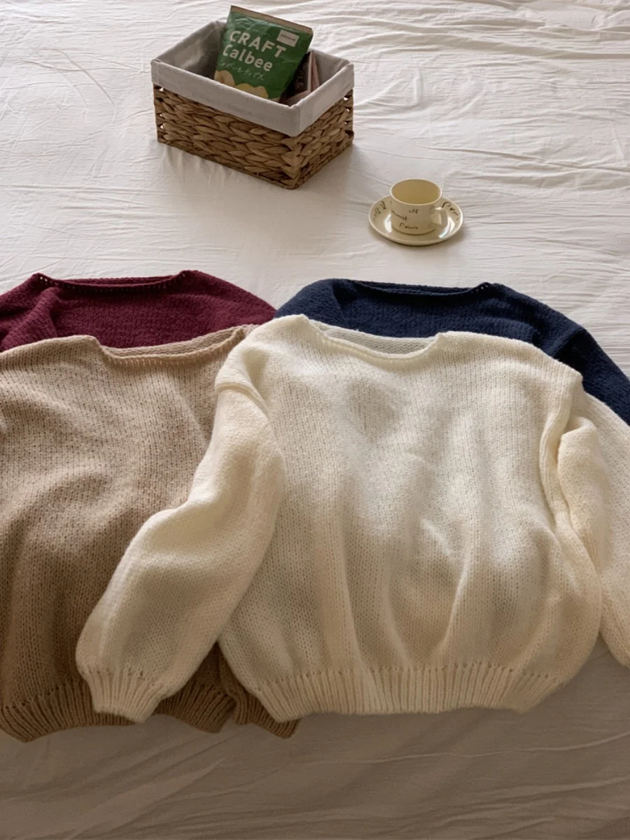 Laid-ba Cuffed Collar Lantern Sve Basic Knitwear Sweater Easy-to-wear Faionable round Ne Long Sve Regular Thin