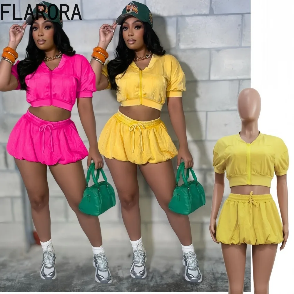 

FLARORA Casual Sporty Washed 2 Pcs Sets Woman Stand Collar Short Sleeve Zip Crop Tops And Mini Skirts Outfits Street Tracksuits
