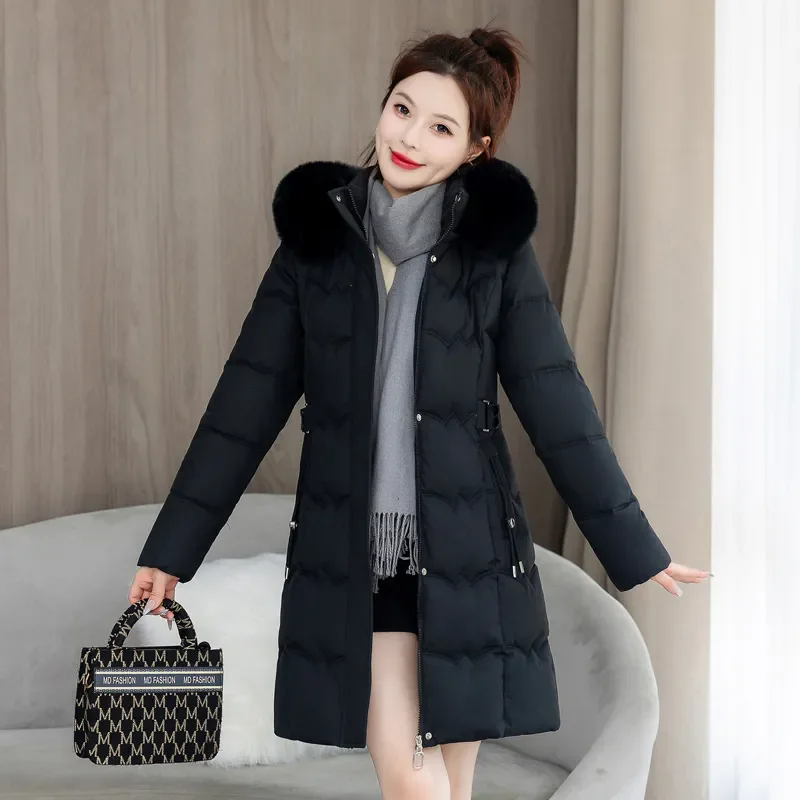 冬パーカー 2026 韓国フード付きミッドレングスダウンコットンジャケット女性の気質暖かいパッド入り服レディーススリムオーバーコート T1608