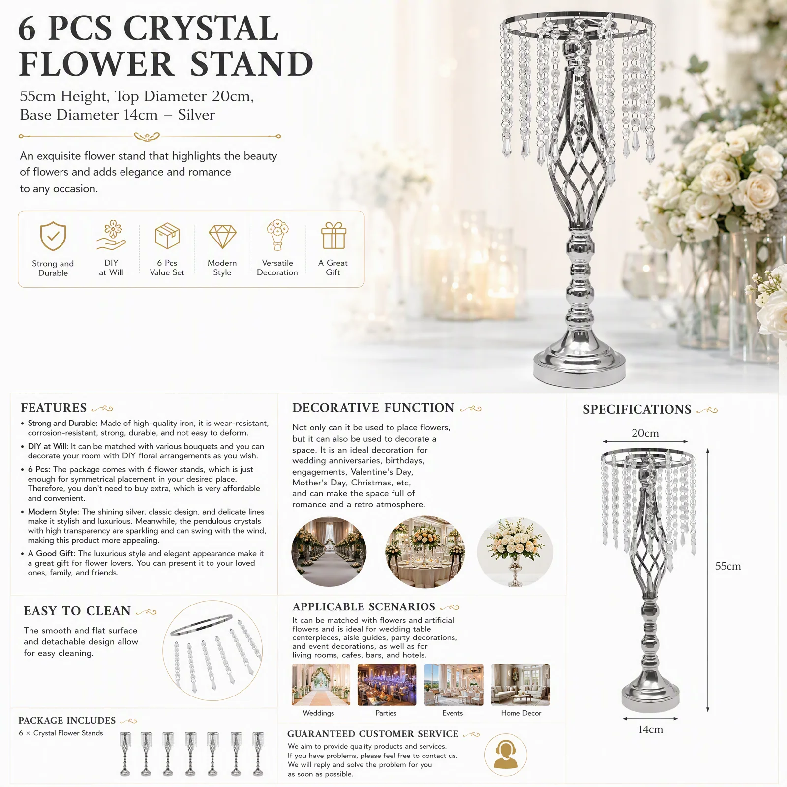 6Pcs Crystal Flower Stand 21.7in Tall Silver Wedding Centerpieces Metal Flower Holders for Reception Tables Party Event Aisle Decor Elegant DIY Tabletop Decor