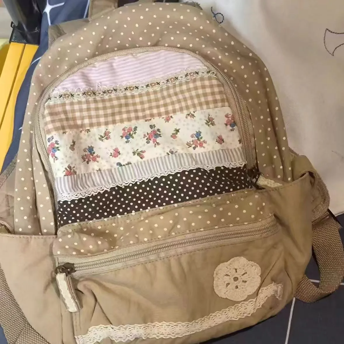 Japanese Vintage Y2k Aesthetic Backpacks Sweet Cute Flower Print School bags Women Patchwork Striped Plaid Backpack for Students