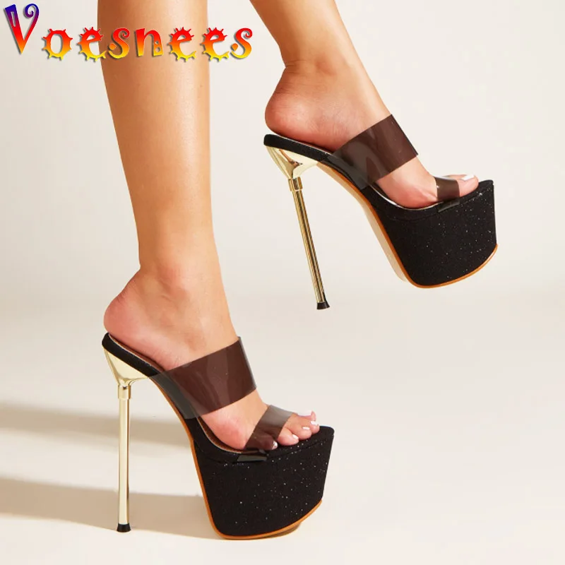 Colored Glass Rubber Strip Summer 17CM Thin High Heels Pumps Platform Sandals Nightclub Fad Dance Shoes Catwalk Women Slippers