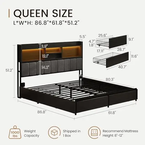 Queen Bed Frame with 6 Storage Drawers, Linen Upholstered Headboard, Built-in USB Charging Station & LED Lighting