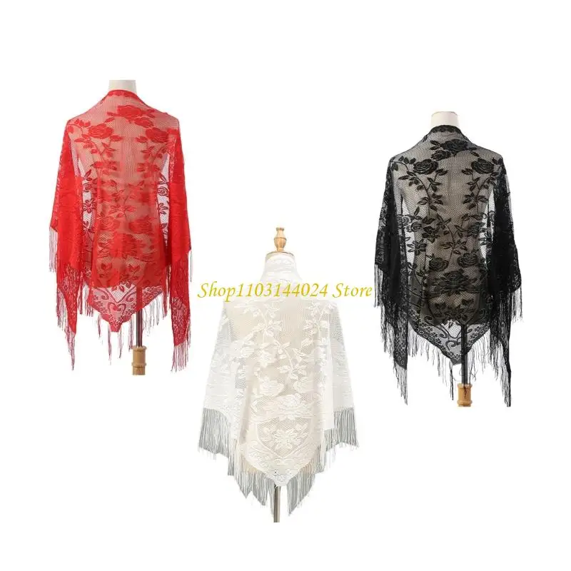 

N5KE Lace Shawl with Tassels Breathable Sun Protective Shoulder Wrap Cover Up Scarf for Various Occasion and Summer Outfit