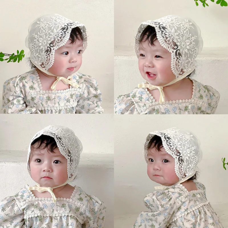

Lace embroidered flower baby hat, summer breathable mesh newborn photography prop