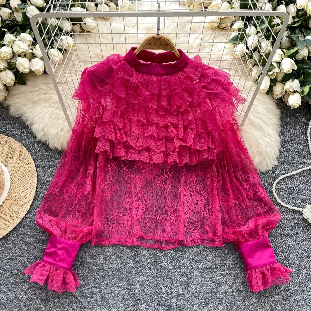 

Vintage Long Sleeves Elegant Stand Collar Chic Ear Fungus Edge Mesh Embroidered Top French Streetwear Autumn High Street Blouse