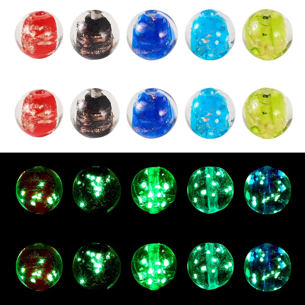 50Pcs Luminous Handmade Gold Color Sand Lampwork Beads Glow in the Dark Round Loose Beads DIY Earrings Necklace Jewelry Making