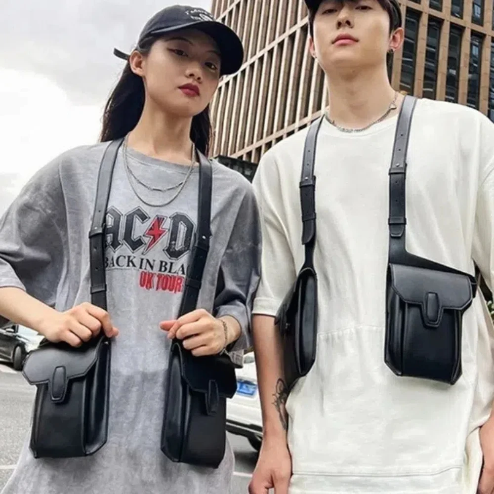 

High Quality Hip Hop Clothing Chest Rig Bag Multi-function Storage PU Leather Vest Backpack Unisex Black Vest Bag for Men Women