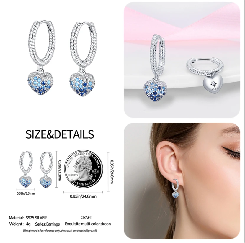 925 Sterling Silver Earrings Heart Pave CZ U Shape Blue Zircon Sparkling Hoop Earrings Jewelry For Women Wedding