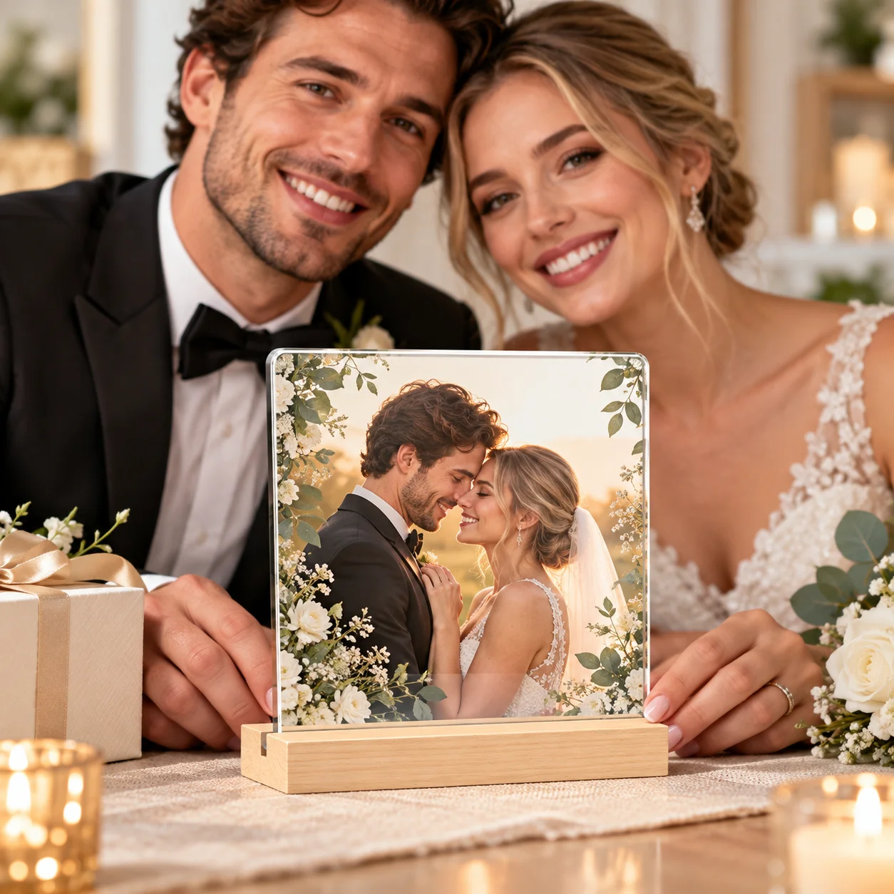 Custom Square Acrylic Plaque with Wooden Base, Personalized Photo Picture Display, Custom Image Pattern Logo Design, Acrylic Des