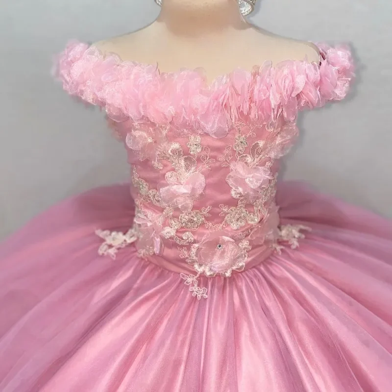 Vestido de flores 3D para niña, vestido de princesa con hombros descubiertos, apliques de cristales para cumpleaños, primera comunión, color rosa, 2024