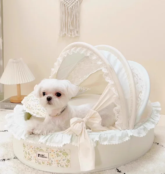 

Cotton Dog Awning Resting Nest Palace Model Pet Sofa Dogs Cats Lace Cradle Bed Fluffy Body Detachable White Dog Beds Luxury
