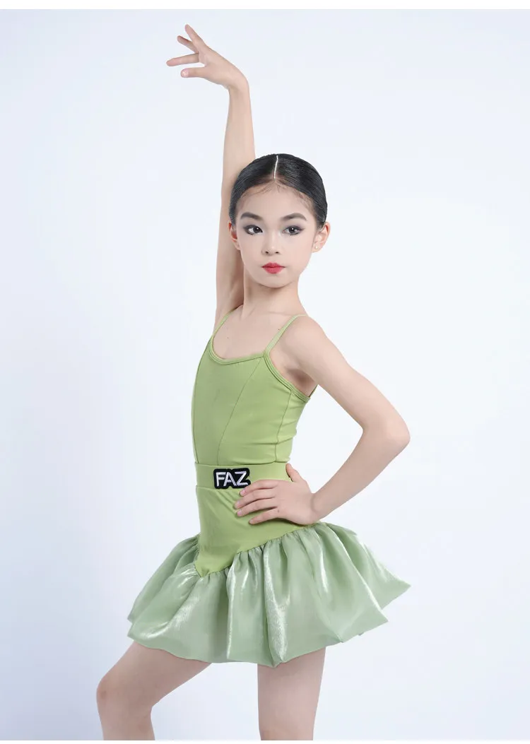Kids Green Spaghetti Strap Puff Tulle Latin Dance Dress Cha Cha Rumba Ballroom Training Daily Class Stage Competition Dancewear view 5