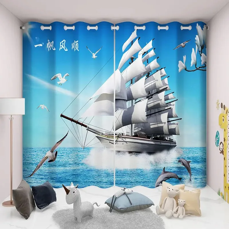 

2pcs Palm Sailboat Nautical Sea Pattern Printed Translucent Curtain Living Room Playroom Bedroom Kitchen Grommet Top Decorative