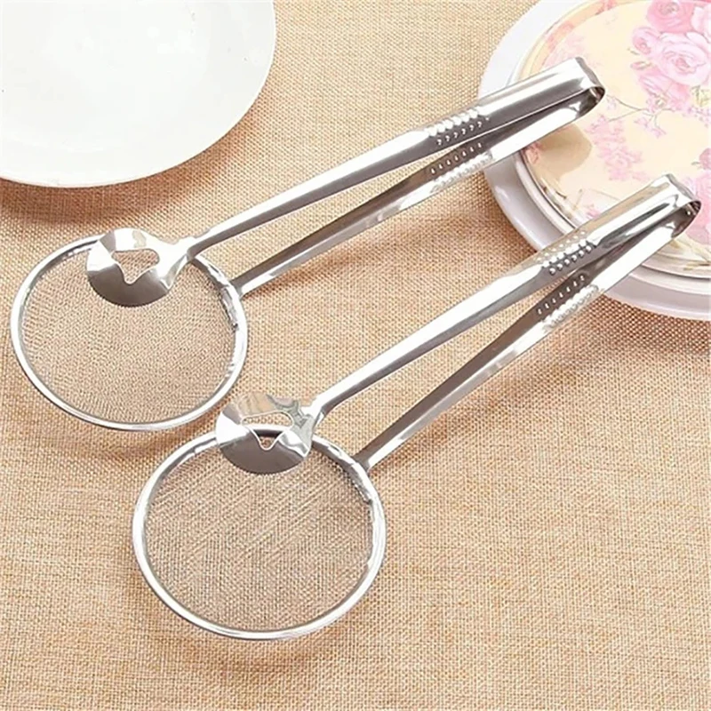 Stainless Steel Fine Mesh Strainer Clamp Oil-Frying Filter Spoon Colander Clip Tongs for Fried Food, Salad, BBQ, Multi-function