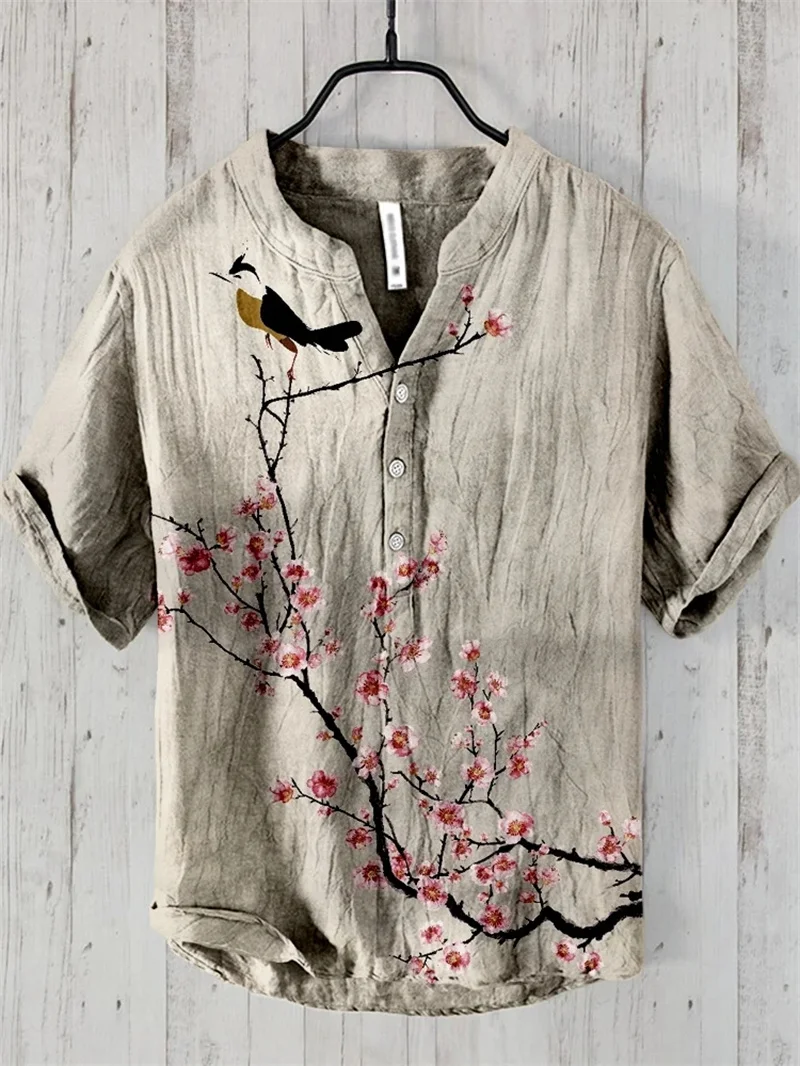 

Summer new Hawaiian style large men's short sleeved shirt 3D digital printing fashionable men's short sleeved shirt 100% linen