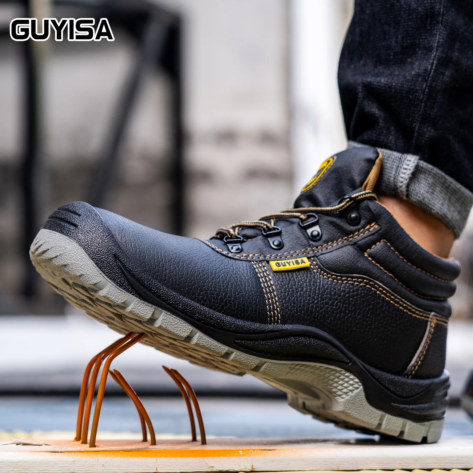 GUYISA Men's Anti-Shock and Anti-Penetration Work Shoes, Solid Double-Density Polyurethane (PU) Sole
