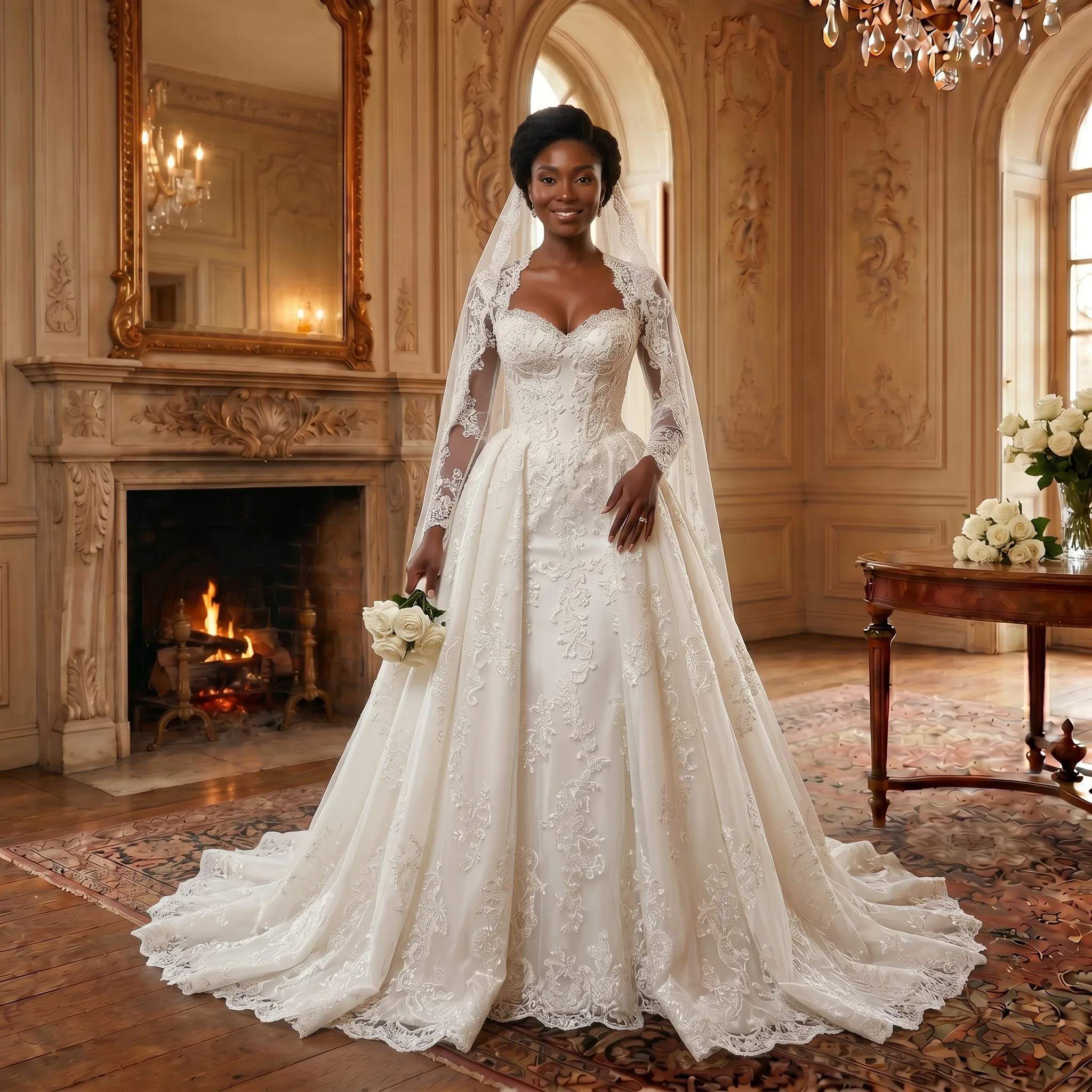 

Strapless Sweetheart Lace Ball Gown Wedding Dress Corset Back Chapel Train Bridal Gown for Women