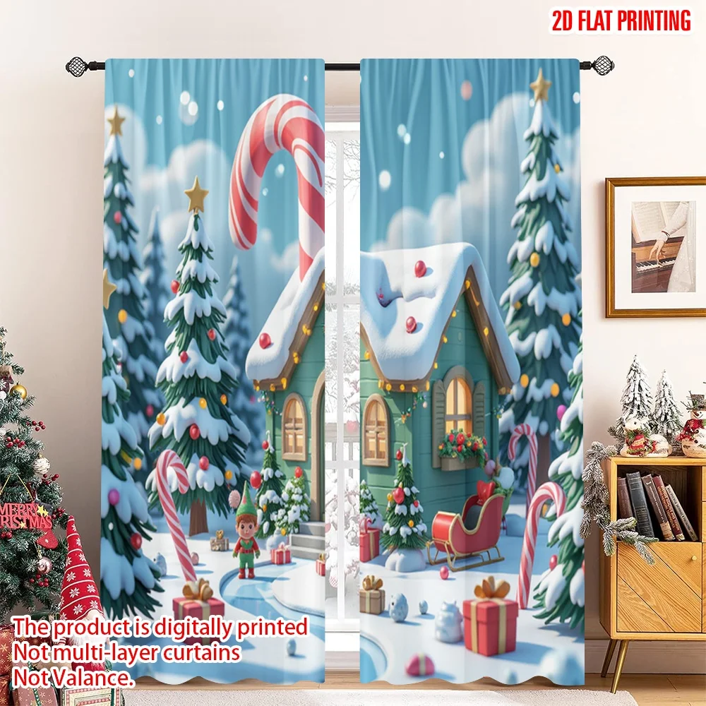 

2pcs 2D flat printing Christmas Curtains Christmas Elf Sleigh Candy House Fabric Without Electricity Festive Wall Decor Perfect