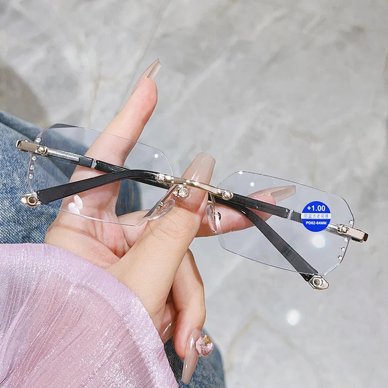Fashionable Frameless Cut Edge Reading Glasses, Photochromic Anti Blue Light Glasses, Men's and Women's Fashionable Glasses