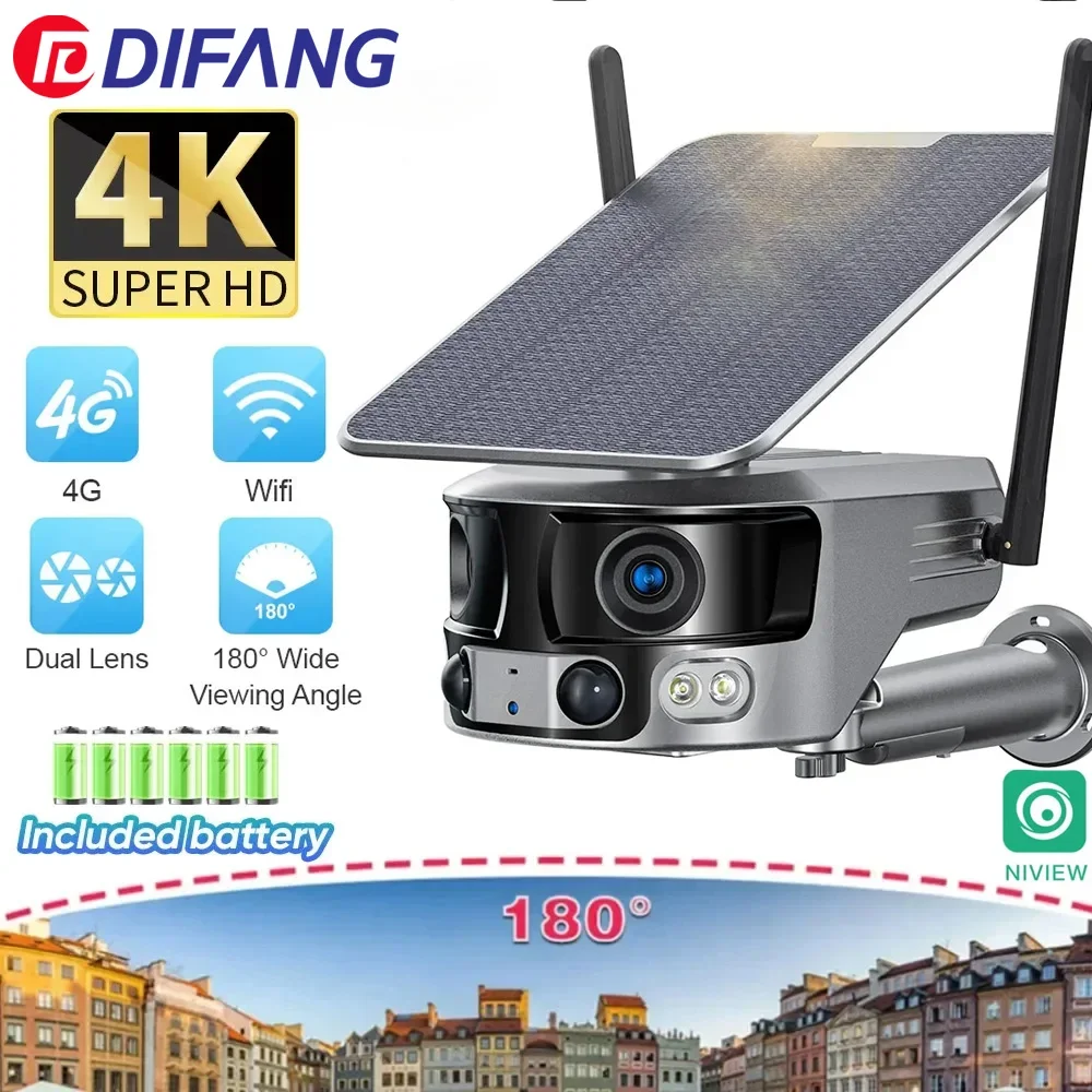 4K WIFI IP Camera 180° Ultra Wide View Angle Outdoor 4G Solar Security Camera 4X Zoom Dual Lens PIR Human Detection Surveillance