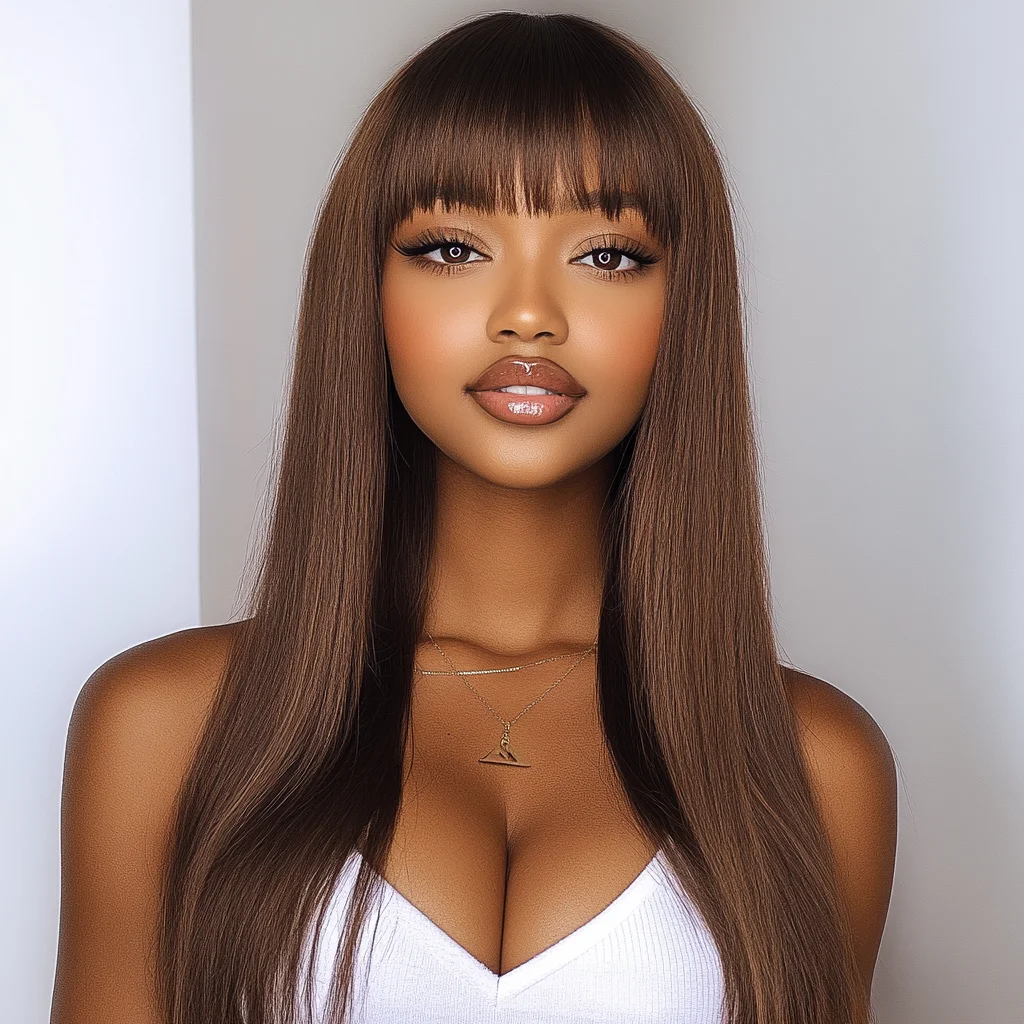 Sleek 4# Brown Colored Human Hair Wigs For Women 22 Inch Straight Brazilian Hair Wigs With Bangs 100% Real Ready To Wear Wigs