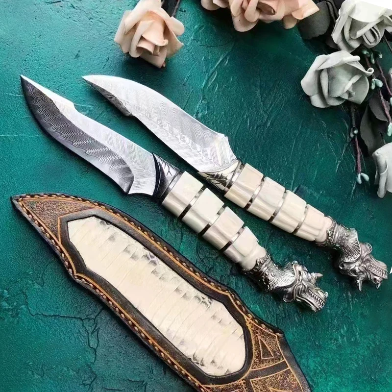 Hunting Knife Handmade VG10 Damascus Steel Antler Fixed Blade Tactical Knife With Sheath Jungle Survival Knife Camping EDC Tool