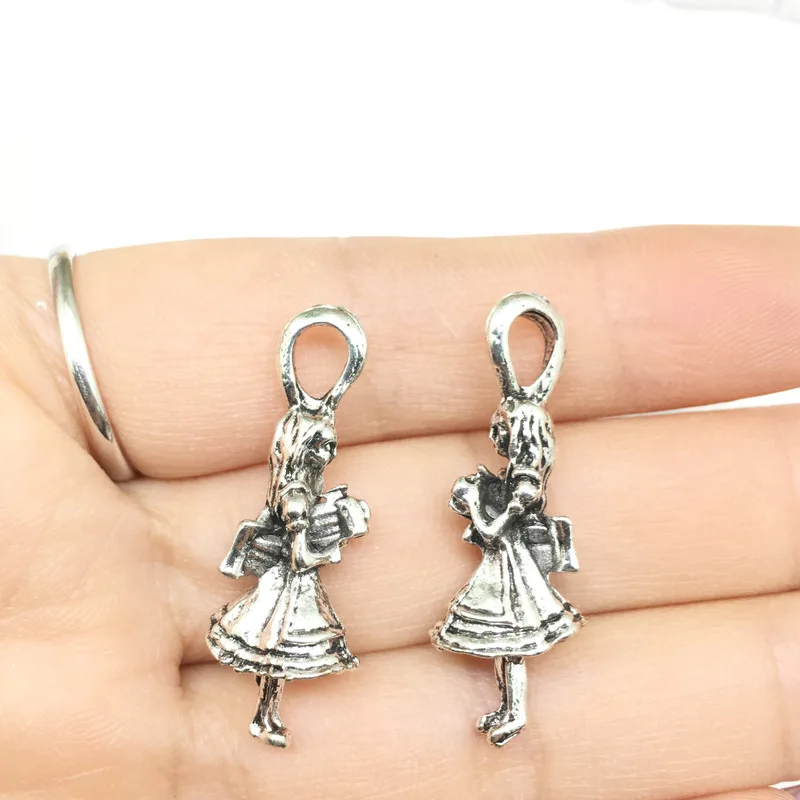 High Quality 10pieces/lot Metel Antique Silver Plated Alice In Wonderland Charms Fit DIY Jewelry Making, Alice pendant 11x32mm