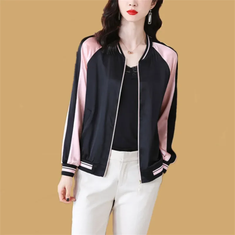 Silk Short Jacket For Women Baseball Outwear Spring Summer Thin Jackets Korean Zip Coats Loose Sunscreen Top Casual Women Jacket