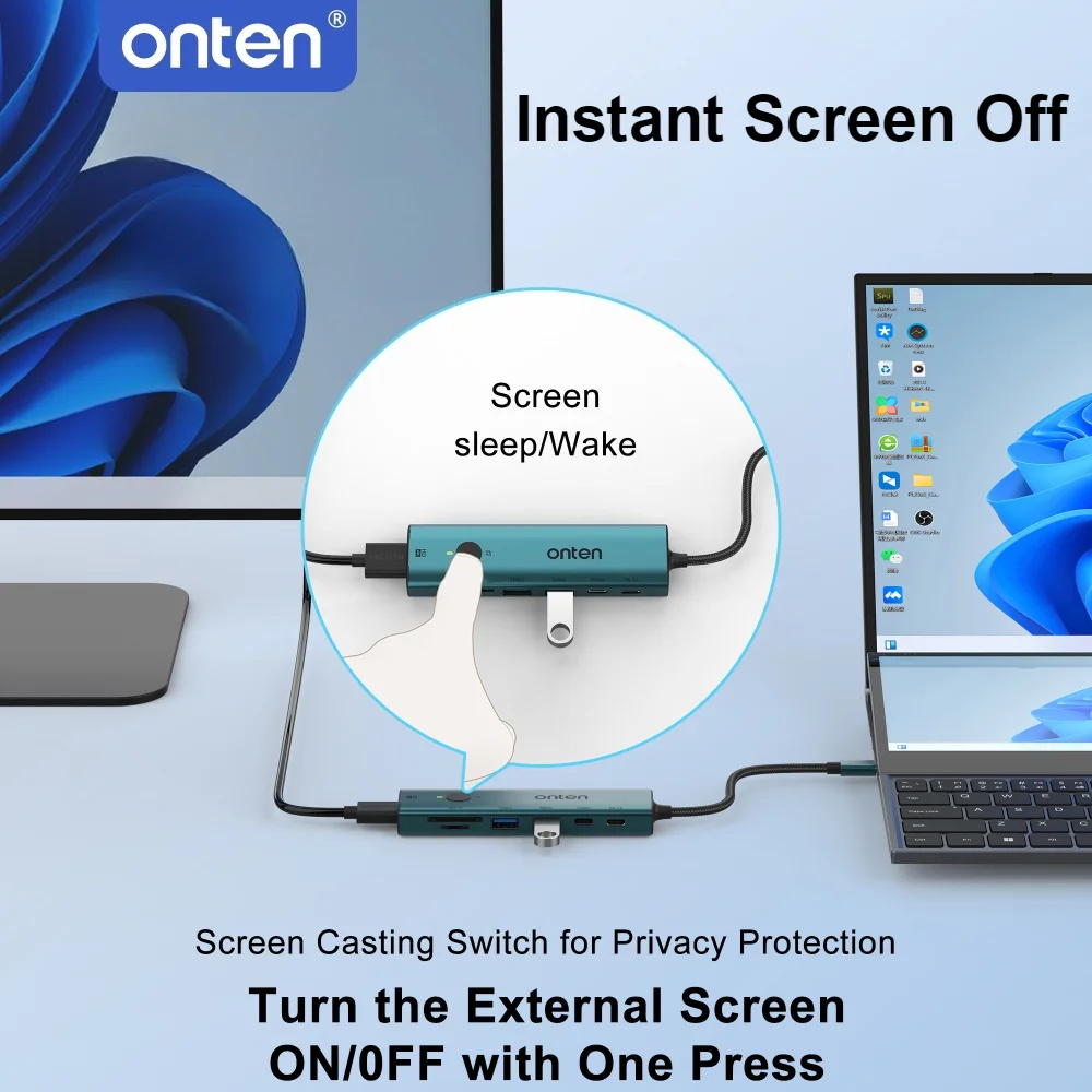 ONTEN 7 in 1 USB C Hub 4K HDMI PD3.0 5Gbps USB3.0 SD/TF Card Reader Instant Screen-Off Docking Station for MacBook Laptop