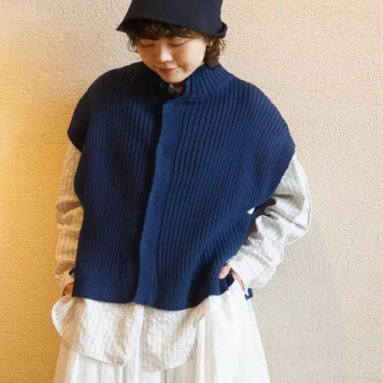 

Autumn 2025 Pure Cotton High Collar Svel Sweater Vest Open Cardigan Retro Versatile JOURNALSTAND Women's Faion