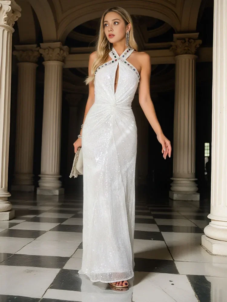 

Sexy Straps Diamonds Hollow Out Maxi Dress Women Summer White Sequins Backless Asymmetrical Mermaid Celebrity Evening Party Gown