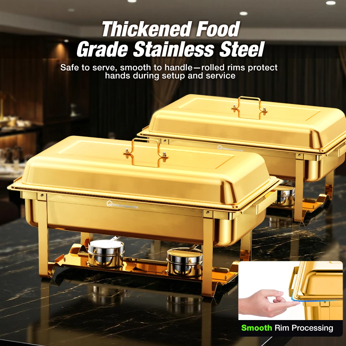 4er-Pack 10L Vollgoldbeschichtetes 201 Edelstahl Chafing Dish Buffet-Set mit großem Pfannendeckel – Speisenwärmer für Partys