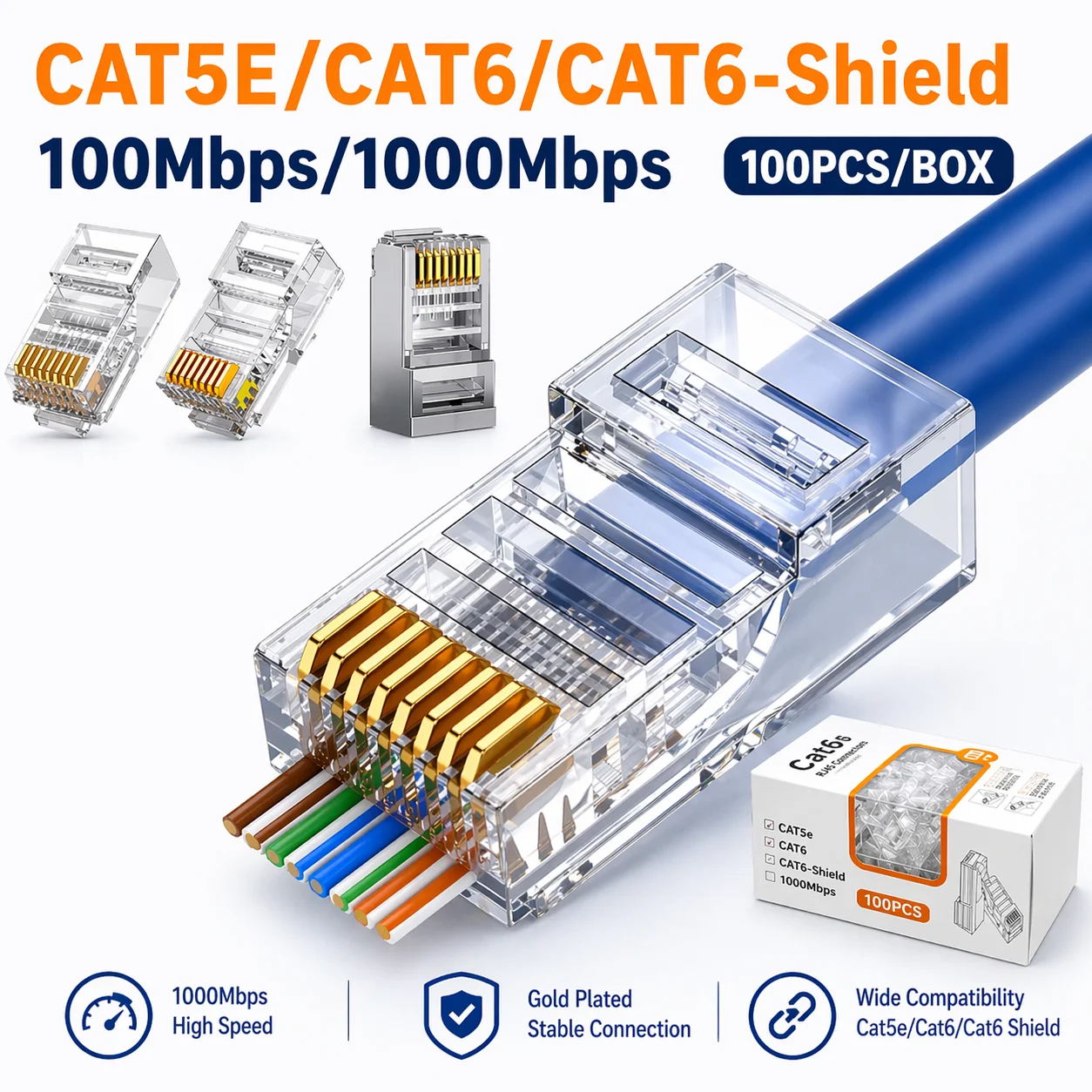 

100-Pack Cat6 RJ45 Gold Plated Connectors 1000Mbps Gigabit Ethernet LAN Cable Ends Compatible with CAT-5E CAT-6E