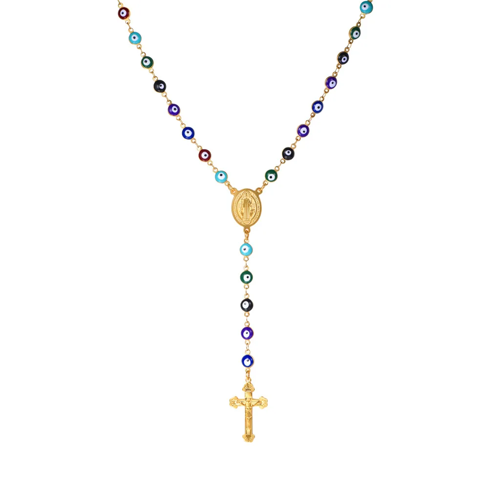 ChainsPro Evil Eye Beaded Rosary Necklace Women Link Chain Gold Color Stainless Steel Saint Benedict Medal Cross Necklace