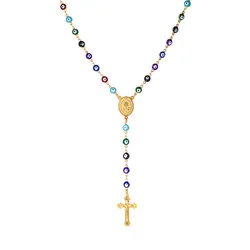 ChainsPro Evil Eye Beaded Rosary Necklace Women Link Chain Gold Color Stainless Steel Saint Benedict Medal Cross Necklace