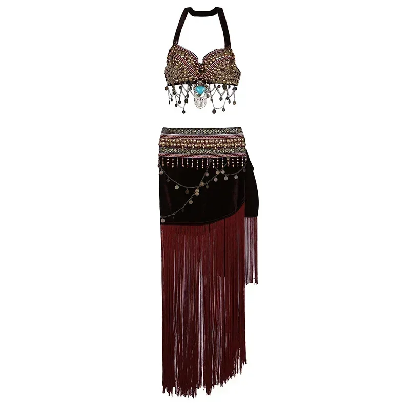 Women Dancewear Size Outfit 2 pieces Bra and Hip Scarf Overskirt Tribal Belly Dance Costume Set