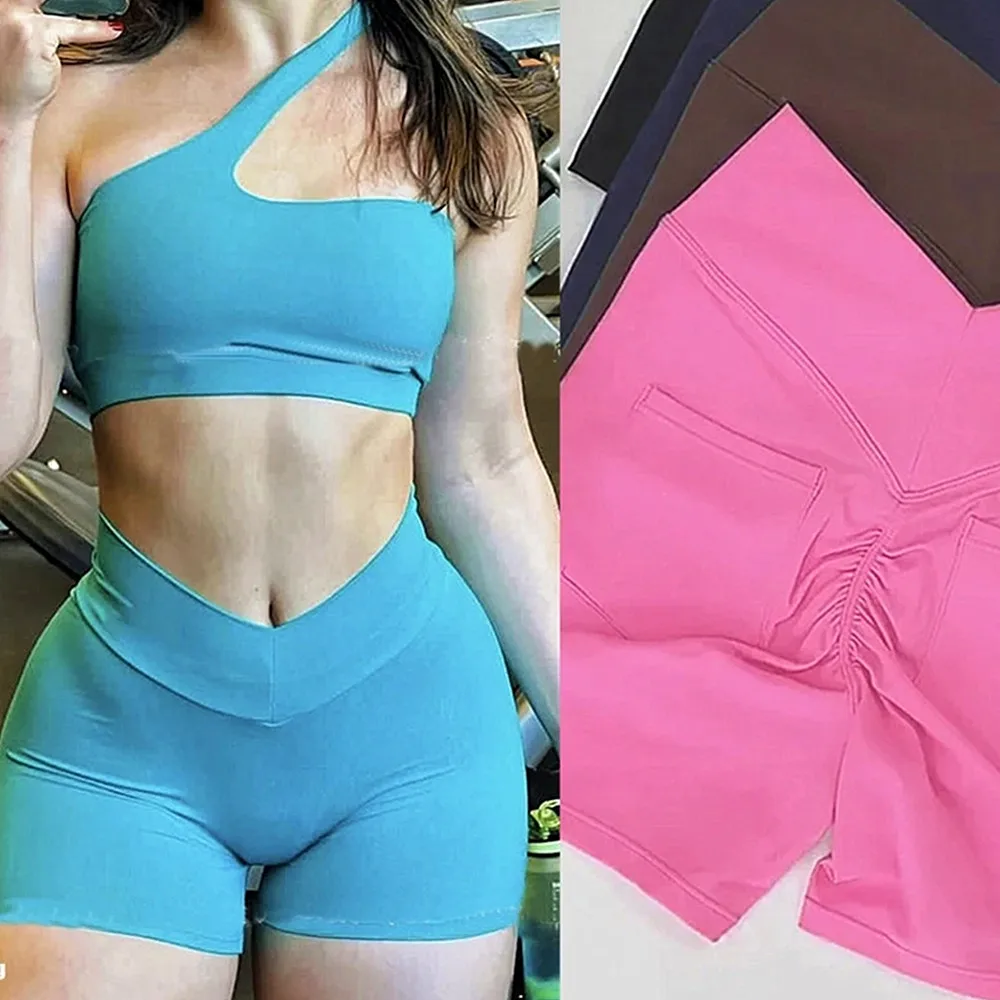 2024 Nylon Pocket Scrunch Gym Yoga Shorts Running Workout High V Back Waist Sport Fitness Cycling Legging Women Active Wear