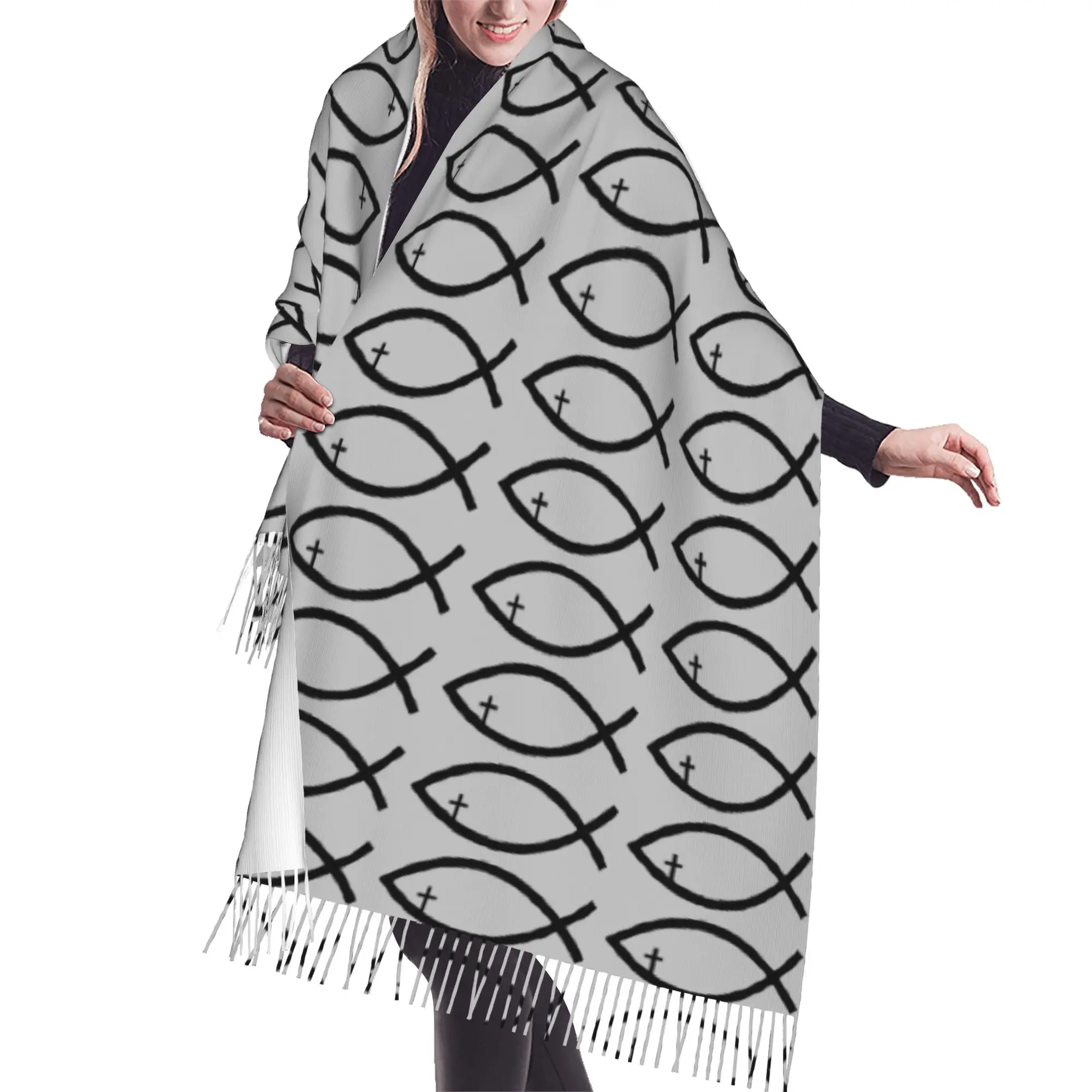 Custom Jesus Fish Cross Christ Symbol Religious Tassel Scarf Women Soft  Shawl Wrap Ladies Winter Fall Scarves