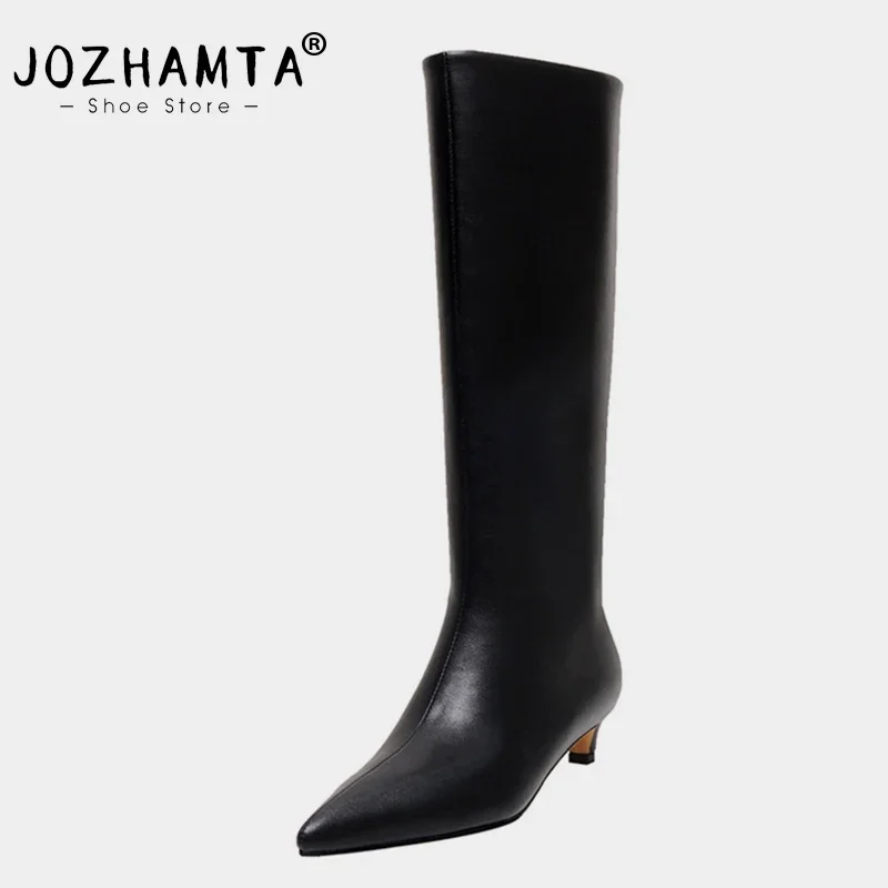 JOZHAMTA Size 34-40 Women Knee Boots Genuine Leather Kitten Heel Shoes For Women Winter 2023 Pointed Toe Wide Calf Slip On Boots