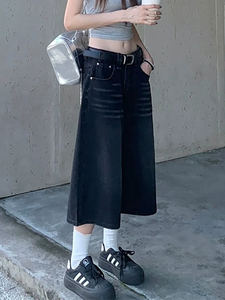 PBAP Whiskers Women Black Baggy Jeans Jorts Washed Distressed Low Rise Straight Wide Leg Denim Shorts Vintage Summer Streetwear