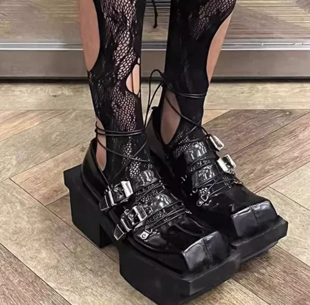 

Punk Style Black Belt Buckle Squate Toe Platform Women Marry Jane Shoes Chunky High Heels Lace Up Design PU Leather Pumps Shoes