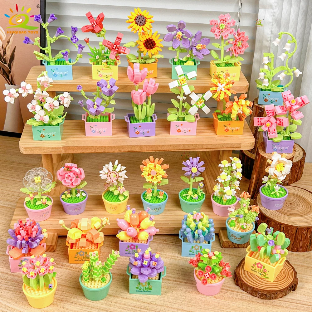 HUIQIBAO MOC Succulent Potted Plant Micro Building Blocks Flower Bouquet Model DIY Home Desk Plant Decoration Assemble Brick Toy