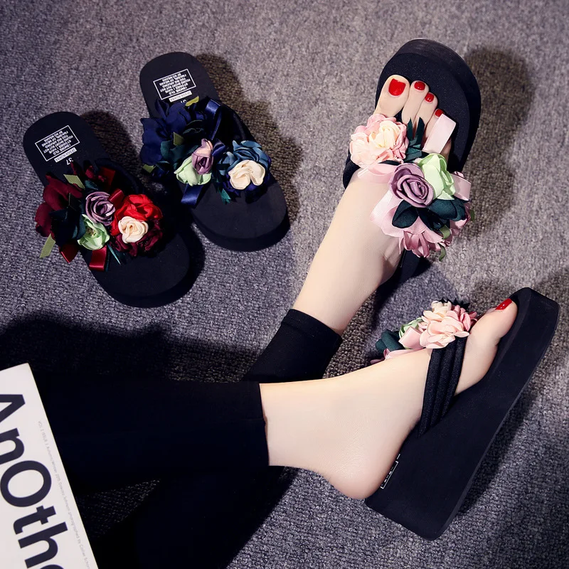 Flower Slippers Women Summer Rubber Flip Flops On A Wedge Slides High-Heeled Shoes Lady Shale Female Beach Fashion Platform Med