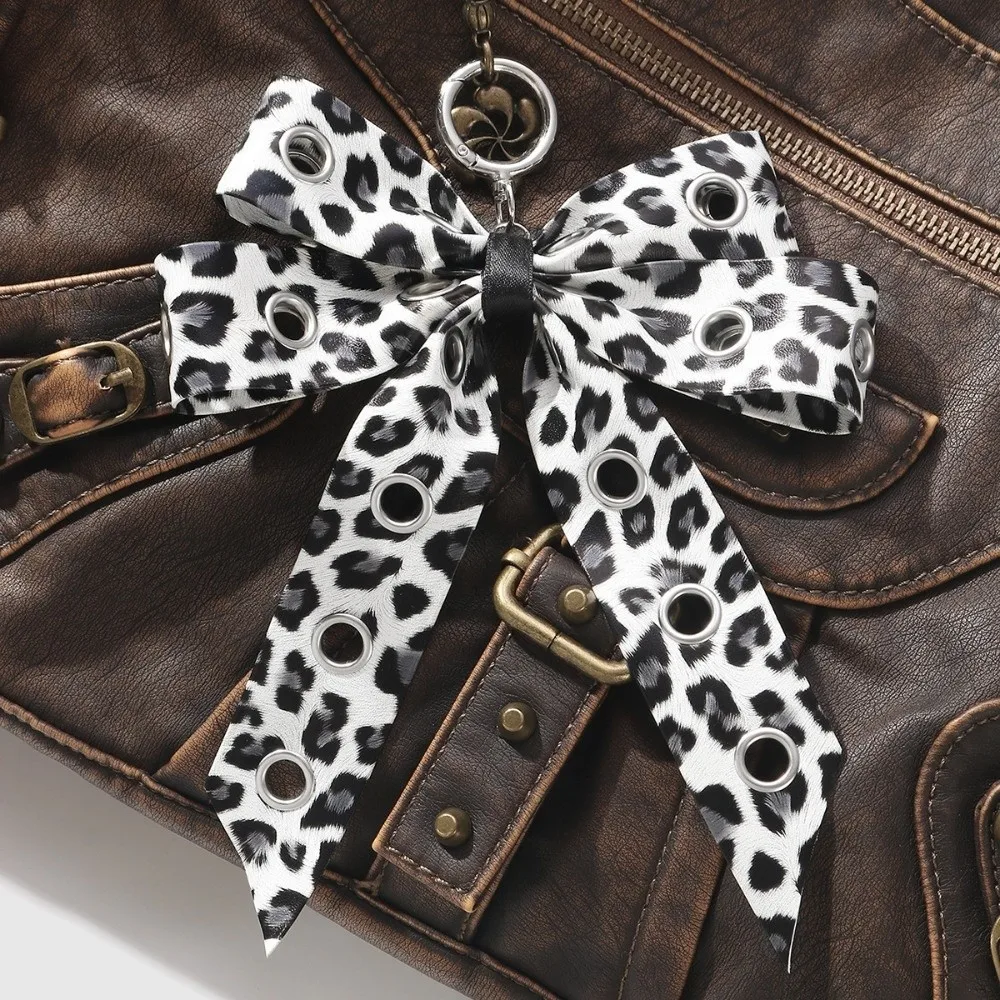 Fashion Star Rivet Bow Keychain PU Leather Ribbon Cross Pendant Gothic Leopard Print Y2K Keyring Backpack Decor